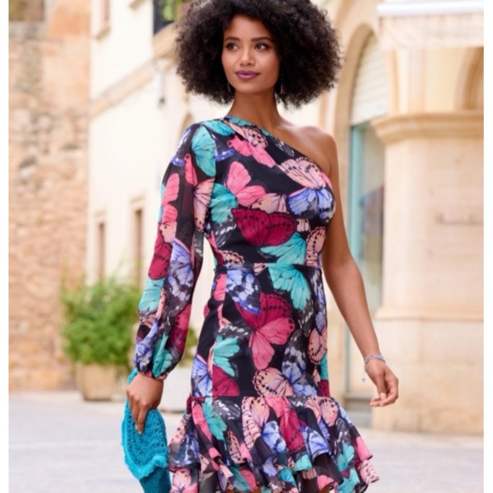 Boston Proper One Shoulder Butterfly Dress Womens 6 Colorful Whimsical Fairy